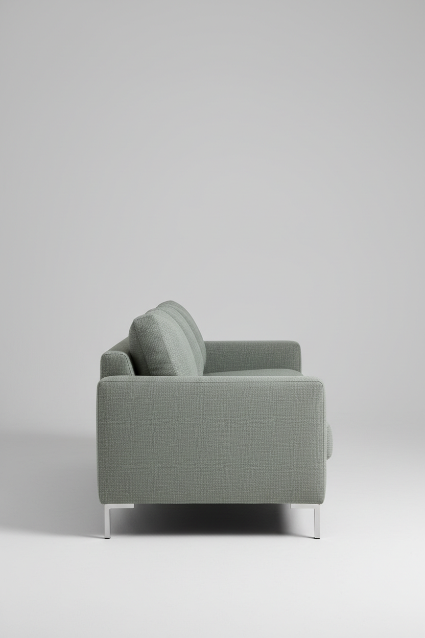 Contemporary sofa in sage grey fabric, side profile view