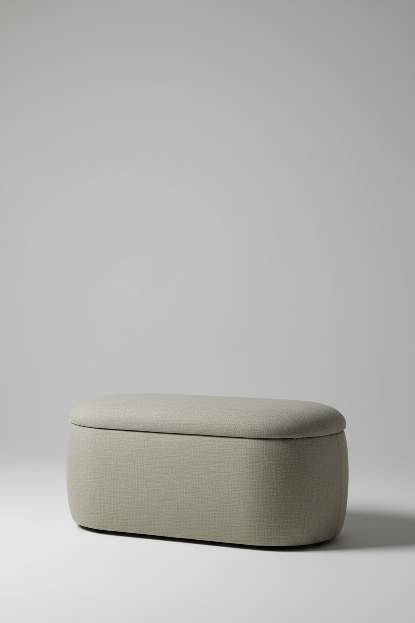 45-degree angle view of oval sage beige linen storage ottoman on light grey background