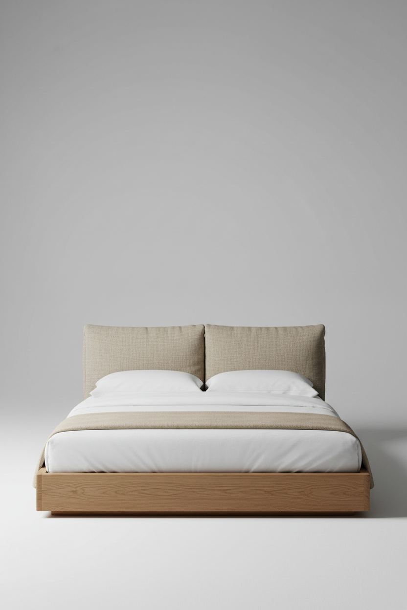 Front view of upholstered platform bed with beige linen headboard and oak wood frame