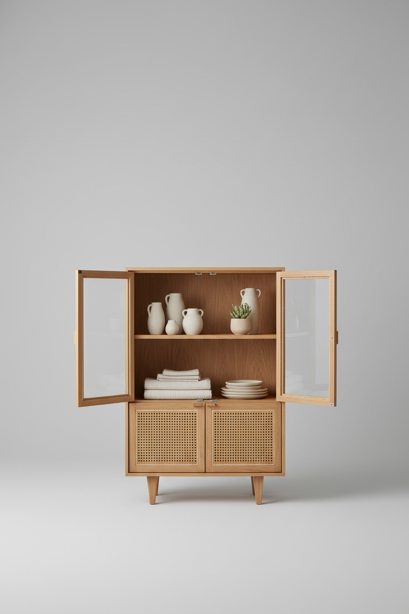 Nordic Display Cabinet in Light Oak – Styled with ceramics and minimal Japandi decor