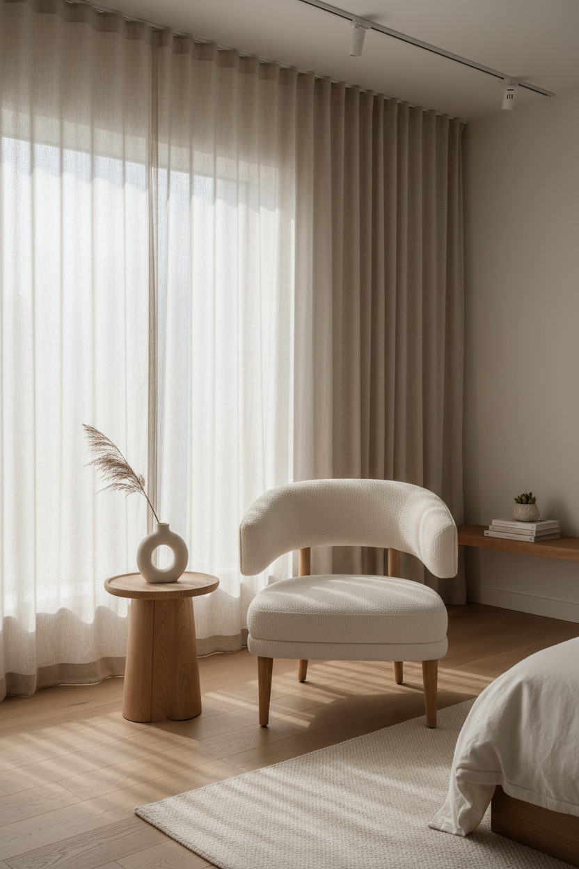 Cream bouclé accent chair in a serene minimal Japandi bedroom corner with soft morning light