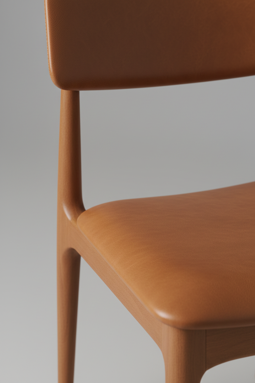 Extreme close-up texture of caramel leather seat on Sculpt Dining Chair