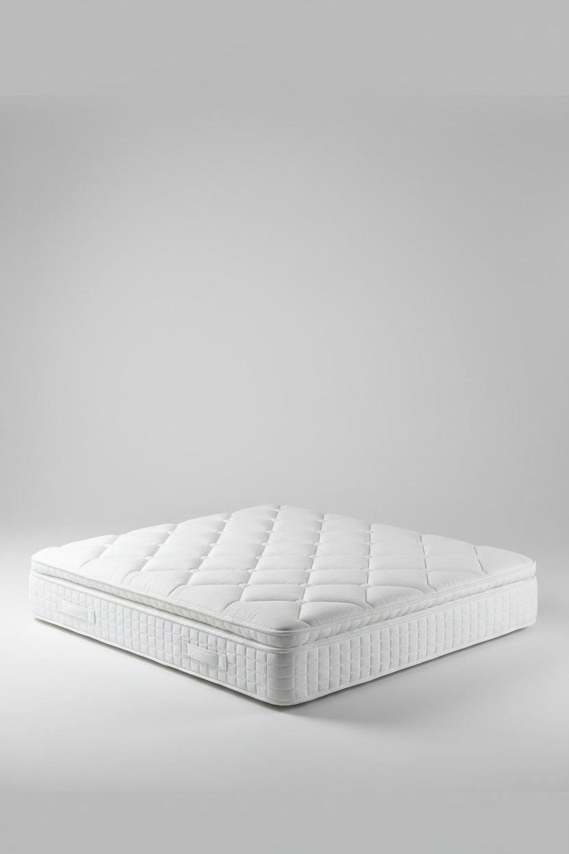 45-degree angle view of premium foam mattress with quilted white surface