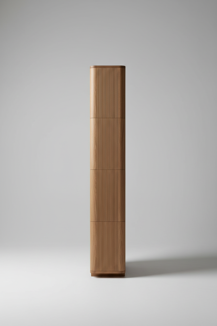 Vertical Wave Shelf in Desert Oak – Side view showing shelf depth and fluted panels