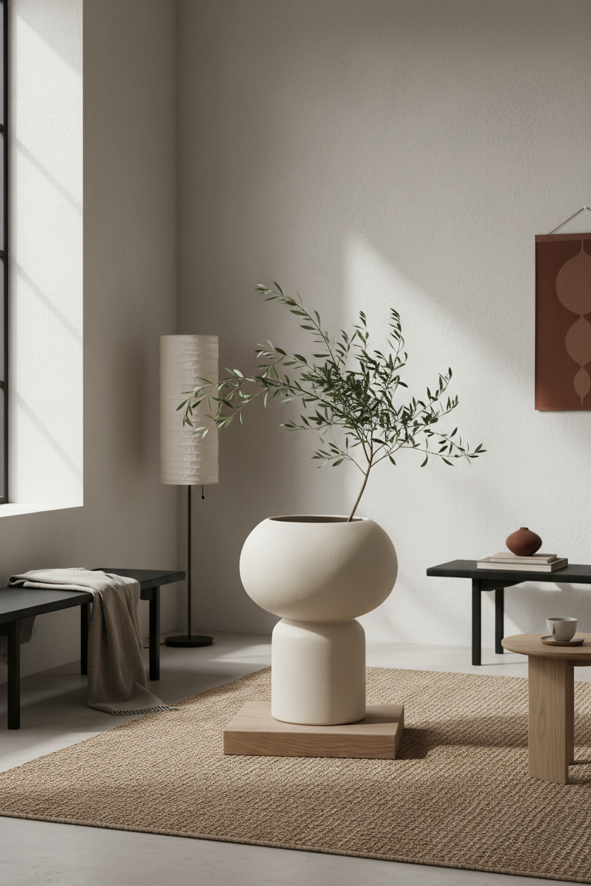 Terra Stone Planter in Ivory Cream – Wide Japandi room scene