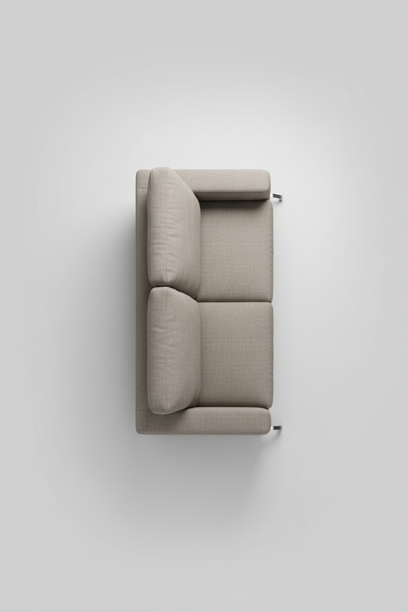 Contemporary sofa in mist taupe fabric, premium overhead composition