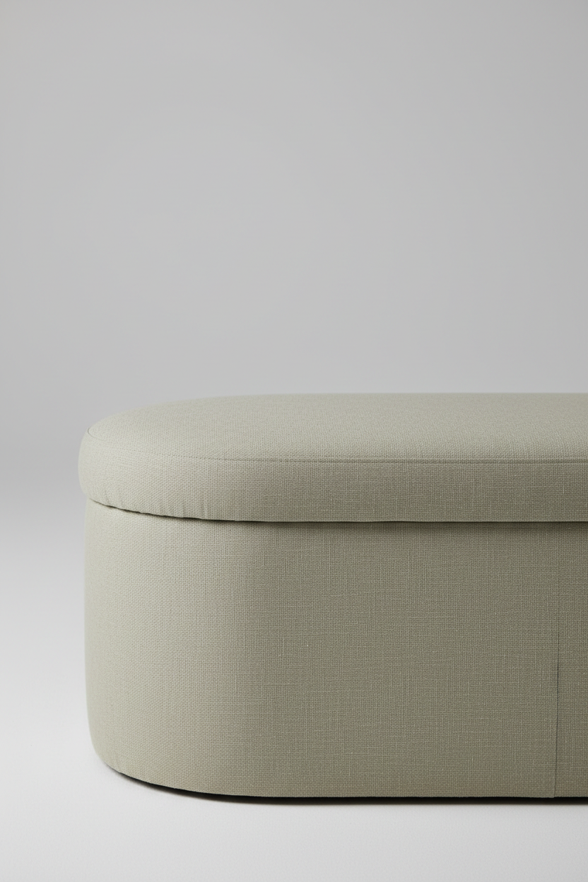 Close-up of premium sage beige linen fabric texture on storage ottoman