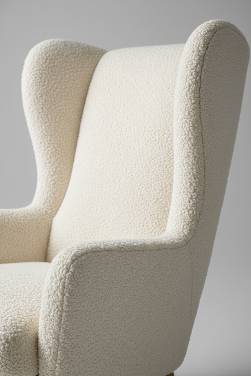 Extreme close-up bouclé texture on Wing Lounge Chair in Ivory Cream
