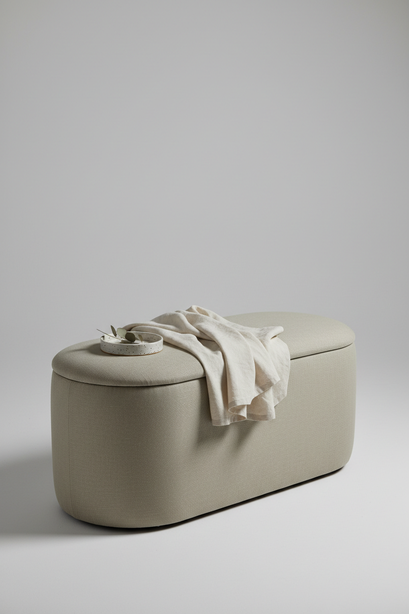 Premium styled shot of linen storage ottoman with linen throw and ceramic tray