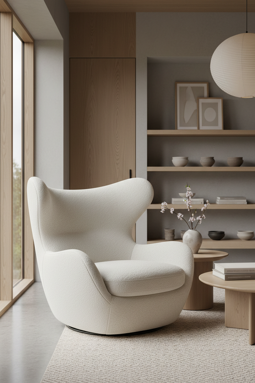 Wing Lounge Chair in Ivory Cream in a minimal Japandi interior