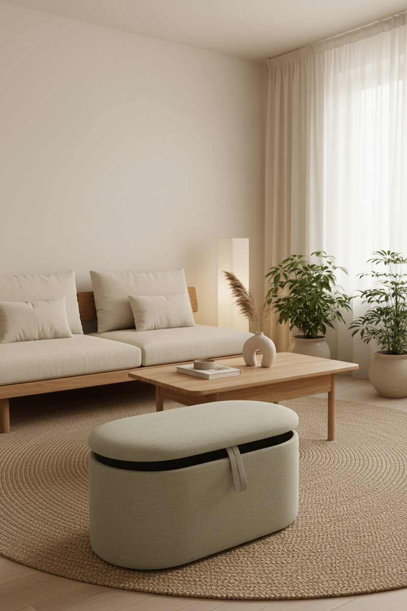 Oval linen storage ottoman in a curated Japandi living room setting