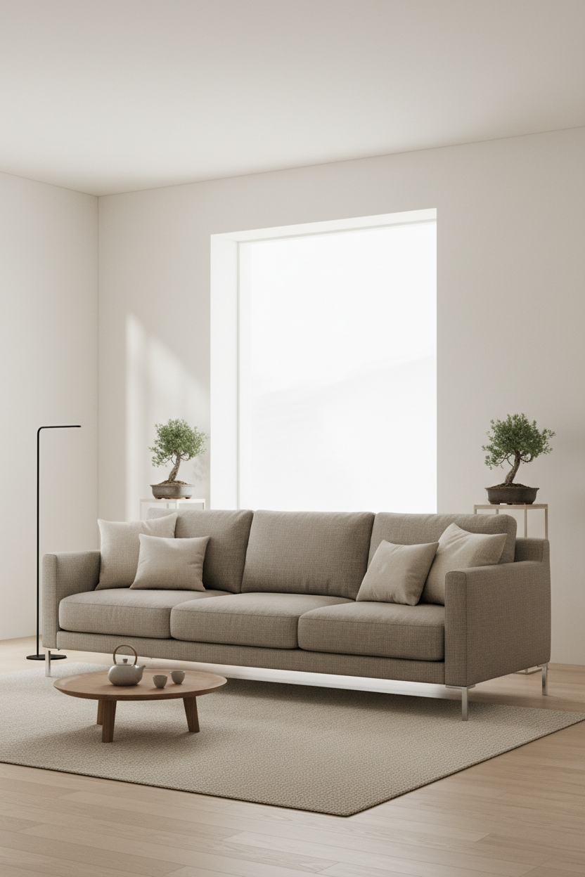 Contemporary sofa in mist taupe fabric, Japandi lifestyle scene