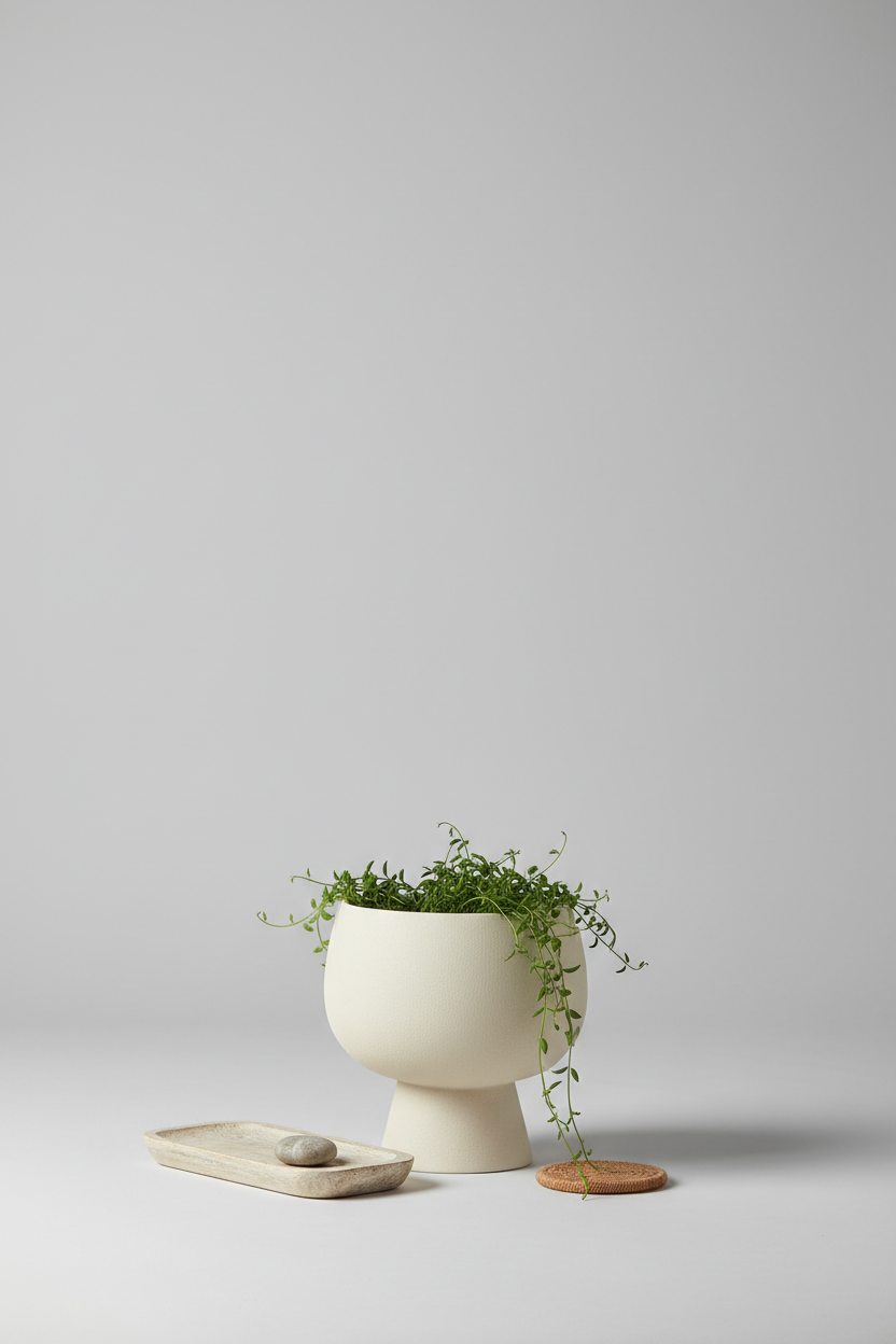 Terra Stone Planter in Ivory Cream – Styled with trailing plant in Japandi setting