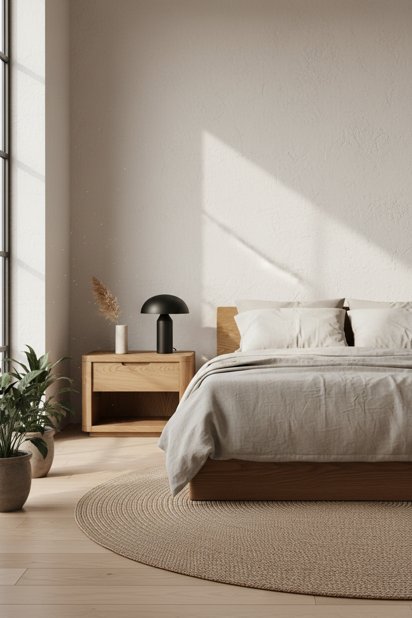 Solid oak nightstand beside a low platform bed in a minimal Japandi bedroom