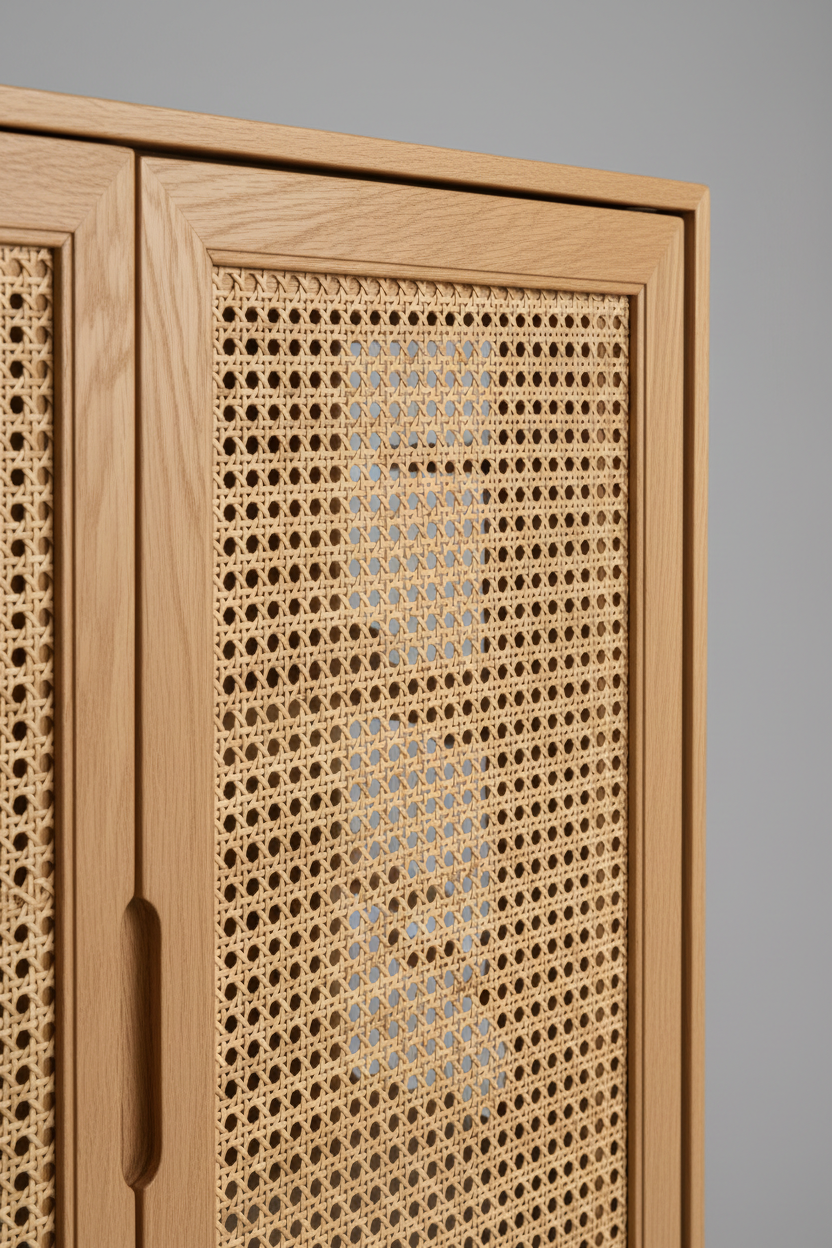 Nordic Display Cabinet – Woven cane and Light Oak texture macro shot