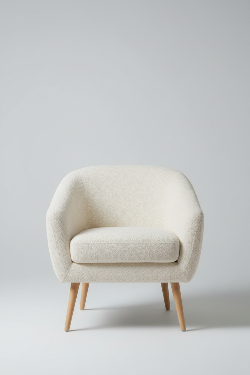 Front view of cream bouclé accent chair with curved backrest and wooden legs