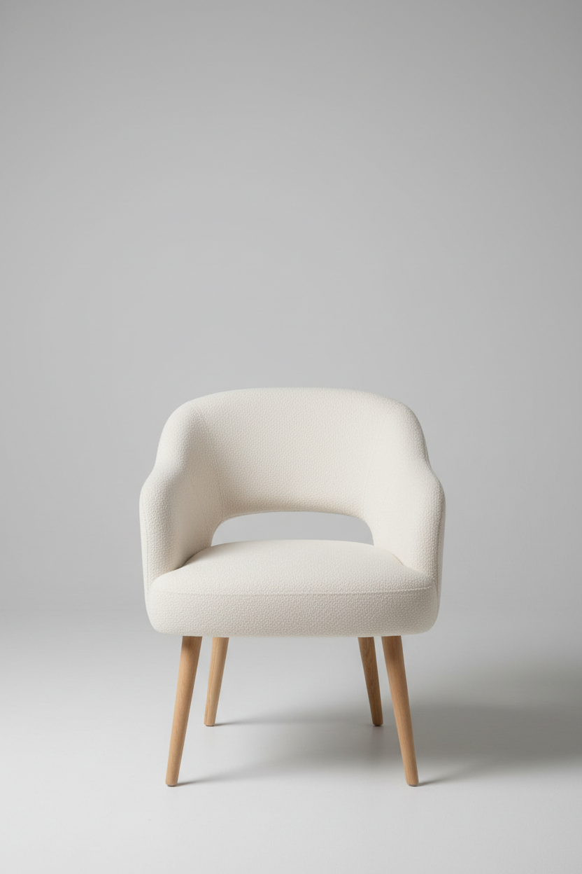 Top-down view of cream bouclé accent chair showing seat and curved backrest