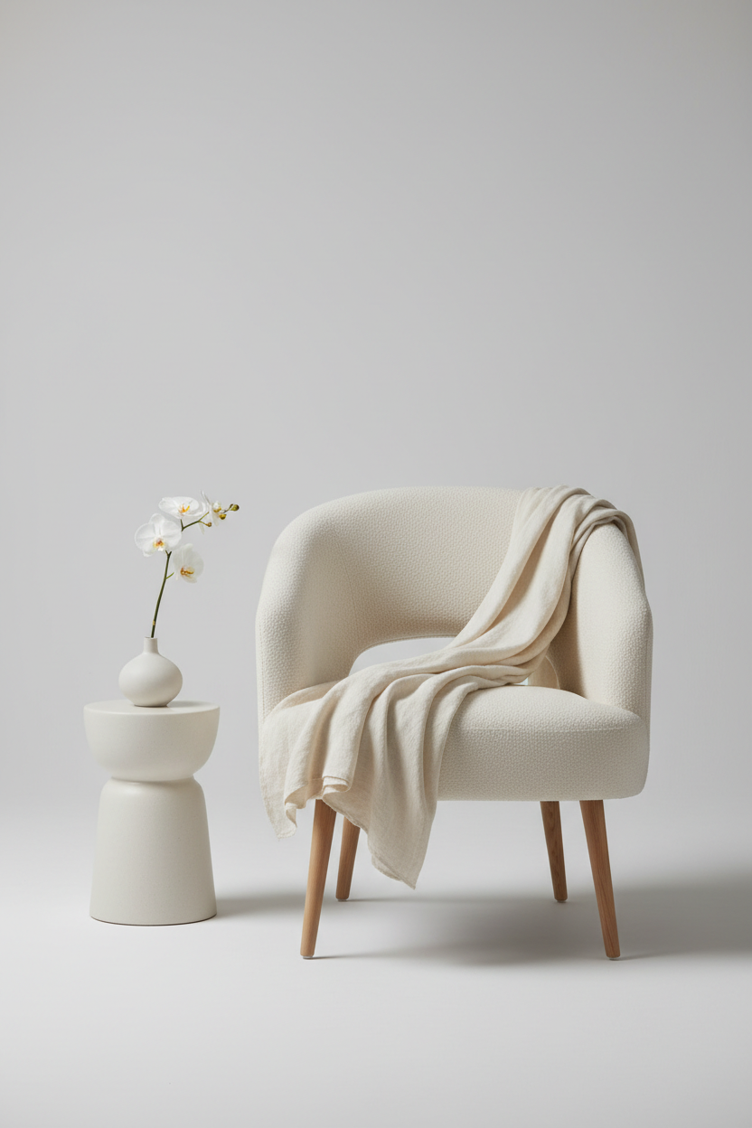 Premium styled cream bouclé accent chair with draped linen throw and ceramic side table