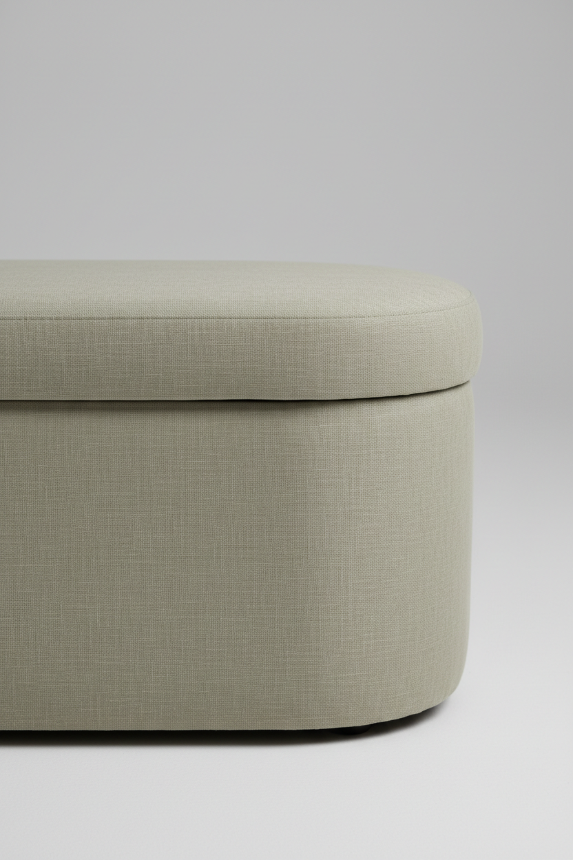 Detailed texture shot of woven linen grain on sage beige storage ottoman