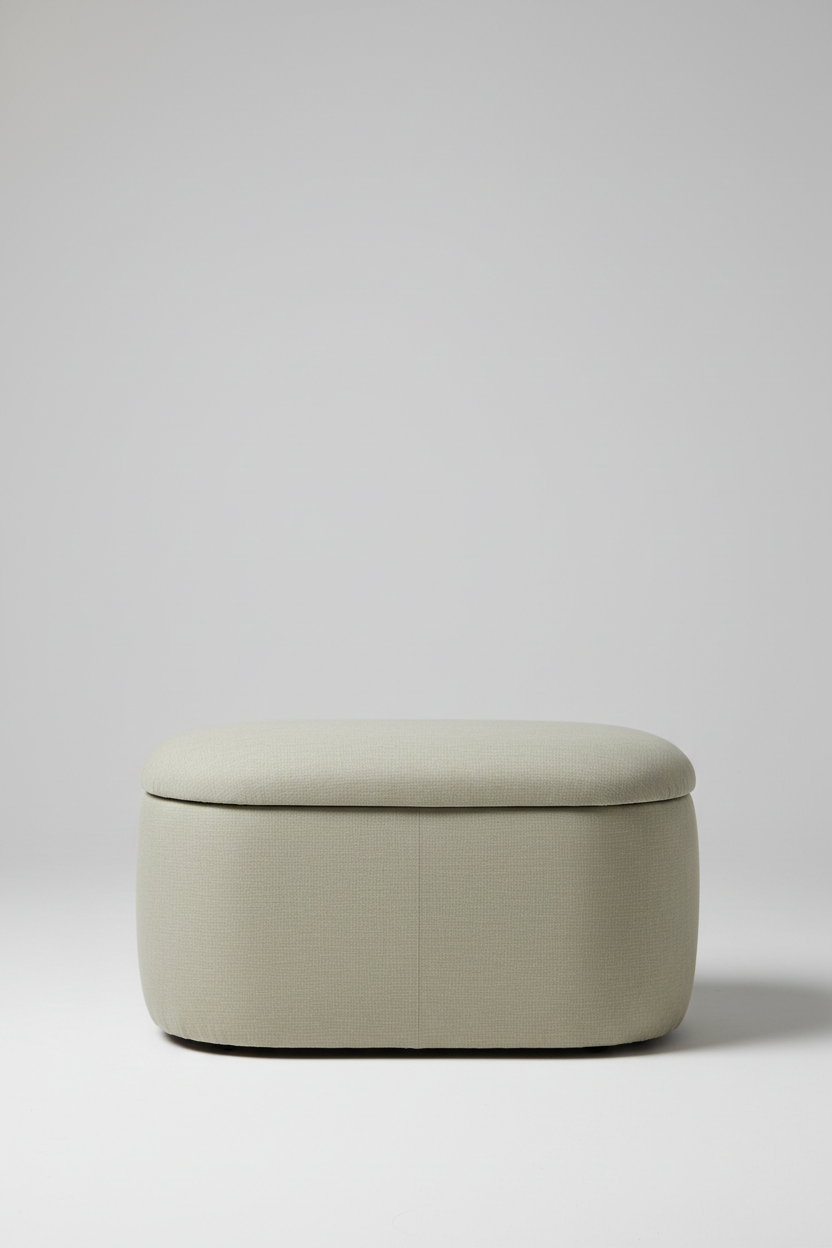 Front view of oval sage beige linen storage ottoman