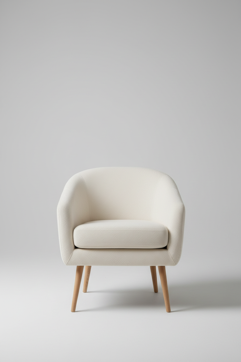 Cream bouclé accent chair with curved backrest and wooden legs, hero shot on light grey background