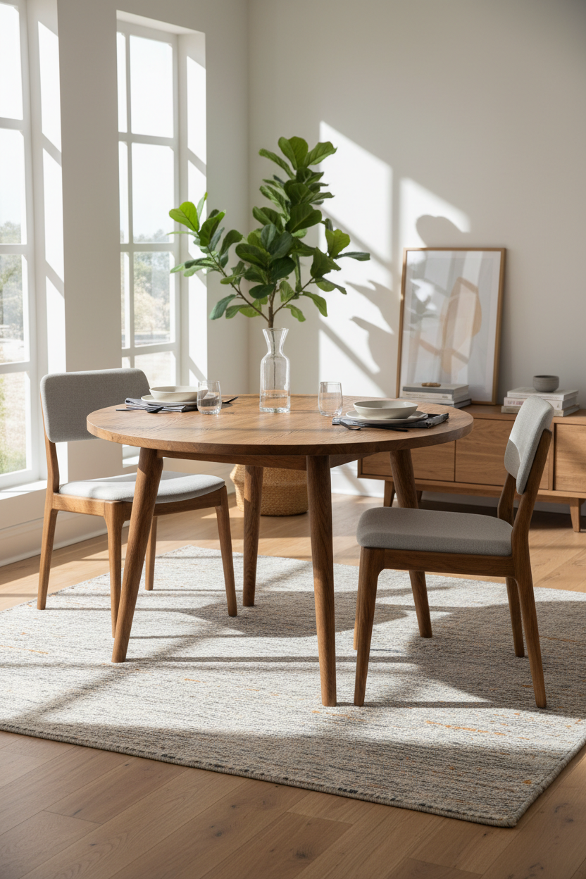 Round Dining Table in Rustic Elm — Lifestyle Dining Scene
